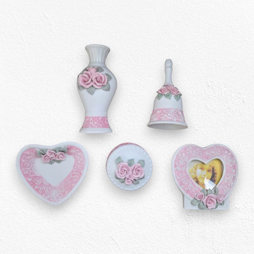 Vintage 70s Bisque Rose Porcelain Matte Deadstock Bell Jewelry Dish Trinket Set